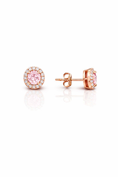 Siminkari Pembe Taşlı Yuvarlak Kesim Rose Gold Vidalı Küpe 925 Gümüş