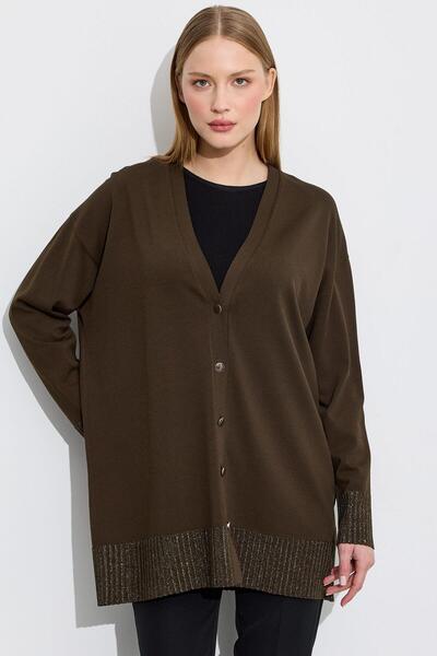 Tığ Triko Eteği Simli Önden Düğmelı Rayon Hırka HAKİ