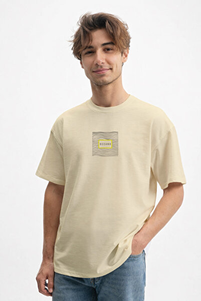 caddekombin Ανδρικό μπλουζάκι Oceano με στάμπα 100% βαμβακερό μπεζ