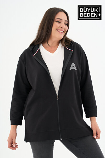 Superlife Women's Tunic Large Size a Printed Zippered Hooded Sweat Cardigan S...