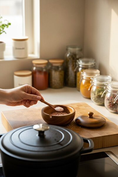 MİEN Kaşıklı Akasya Baharatlık - Doğal ve Şık Tezgah Üstü Tasarım - Doğal Ahş...