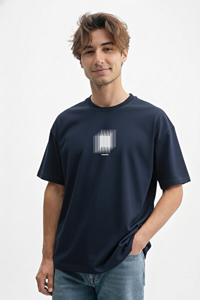caddekombin Tricou pentru bărbați, cu detaliu izometric, 100% bumbac, albastr...