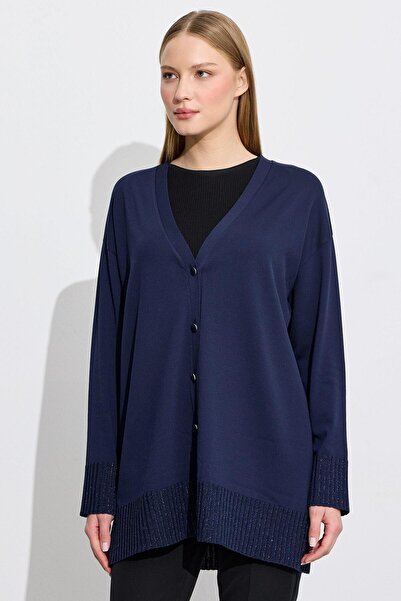 Tığ Triko Eteği Simli Önden Düğmelı Rayon Hırka LACİVERT