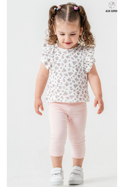 Smile Kids طقم تي شيرت صيفي مطبوع عليه زهور للفتيات الصغيرات