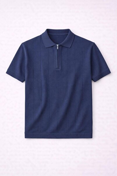 Valiberta Ritchie Zippered Polo Collar Vertical Striped Short Sleeve Slim Kni...