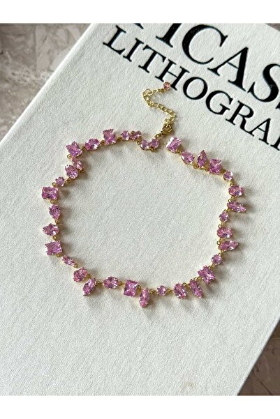 h&b design jewel Çelik Gold Pembe Baget Taşlı Choker