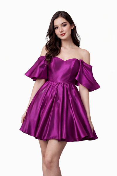 incitanesii Omuz Dekolteli Saten Mini Abiye Elbise Volan Kollu