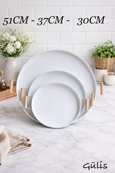 gülis 3 Lü (51, 37, 30 CM) Ahşap Kulplu Metal Tepsi Çay Tepsisi Kahve Tepsisi...