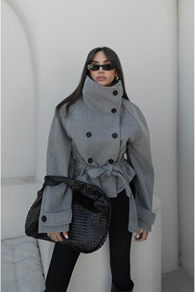 gm giyimarket Women's Zr Model Belted Stand Collar Short Cashmere Coat