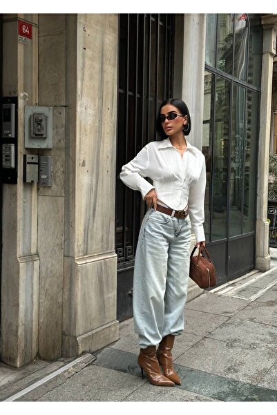 huhu Korse Detay Kadın Crop Bel Dekolteli Gömlek