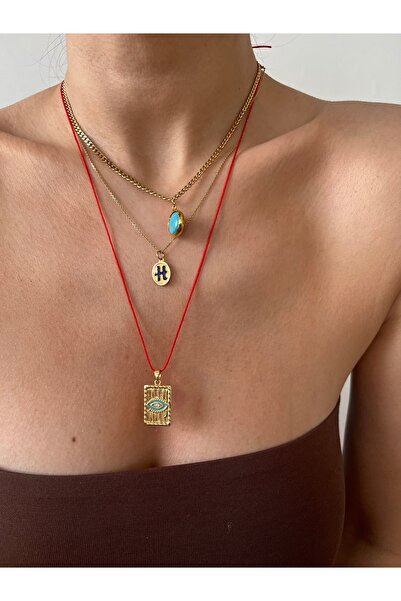 Hoop jewelery kırmızı ipli taşlı plaka göz kolye