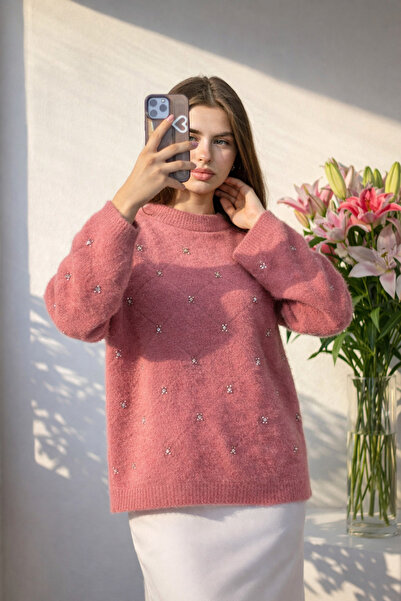 Nursay Angora Sweater with Pink Stone Details