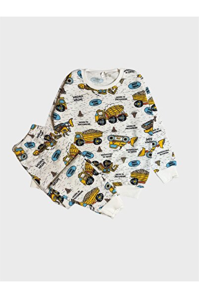 ALİŞ KİDS Boy's Cotton White Work Machine Scoop Patterned Long Sleeve Pajama Set