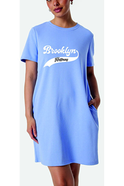 HOFFNUNG Women's Short Sleeve Round Neck Brooklyn Printed Solid Color Long Dress