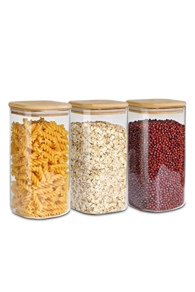 1Chase طقم تخزين زجاجي مربع مكون من 3 قطع مع غطاء من الخيزران محكم الإغلاق، س...