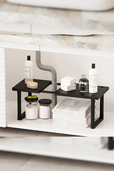 İndecor Houseware Plastik Genişletilebilir Raf Ayarlanabilir Düzenleyici Mutfak Banyo Düzenleyici - Tek Katlı - Siyah