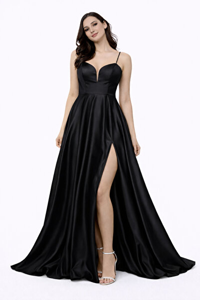 incitanesii Askılı Saten Uzun Abiye Elbise Derin V Yaka