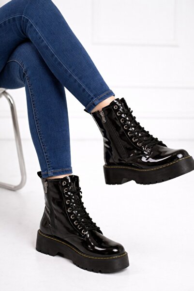 ermin Women's Patent Leather Black Boots with Laces and Zipper