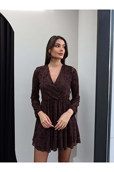 ESRAHELVACI Double-Breasted Collar Floral Pattern Tulle Dress