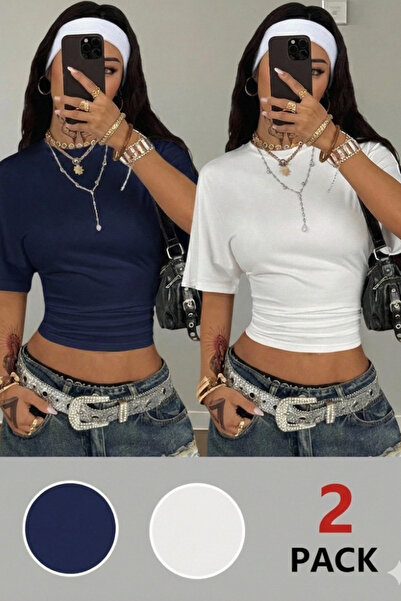 Tarz Cool Tricou crop cu mânecă scurtă alb-albastru închis pentru femei – Dec...