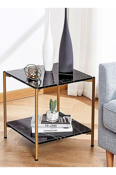 TrentonGCC Luxury Black Marble Side Table with Gold Metal Frame – Modern 2-Ti...