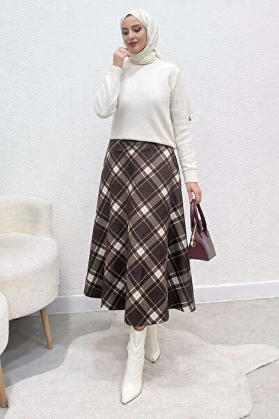 Tesettür Diyarı Nare Bold Plaid Pattern Crepe Fabric Hijab Skirt - Bitter Brown
