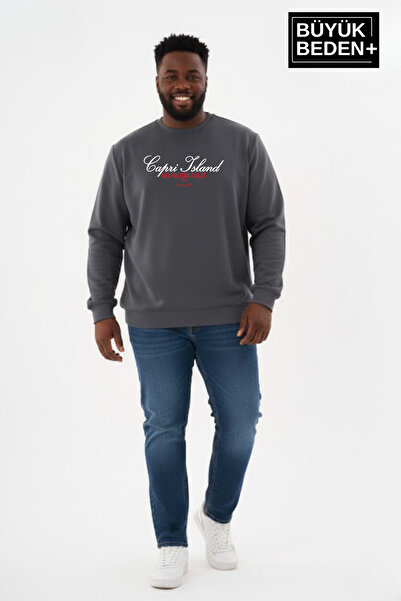 Superlife Men's Large Size Capri Island Printed Crew Neck Slim Sweatshirt Spr...