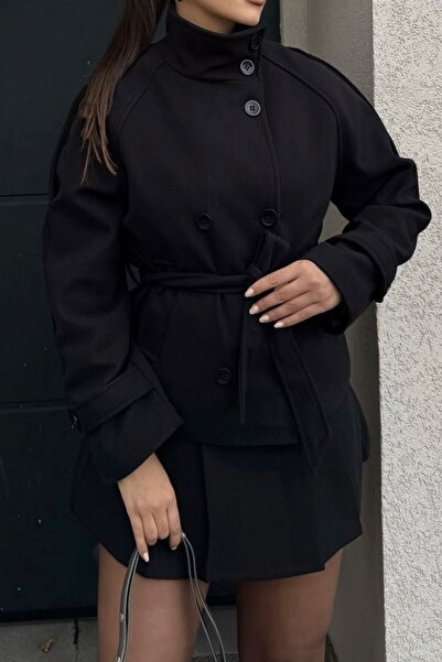 gm giyimarket Women's Zr Model Belted Stand Collar Short Cashmere Coat