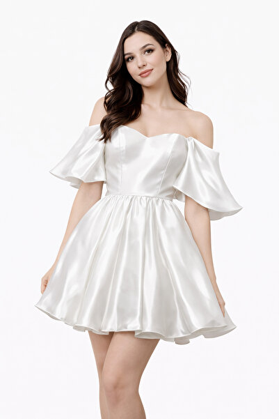 incitanesii Omuz Dekolteli Saten Mini Abiye Elbise Volan Kollu