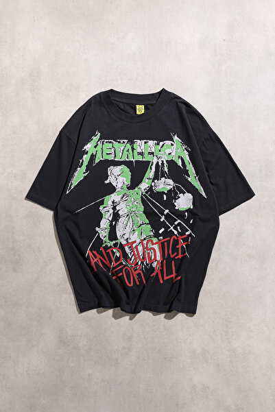 Overdrive تيشيرت ميتاليكا آند جاستيس فور أول بلاك قصة فضفاضة للجنسين بأكمام ق...