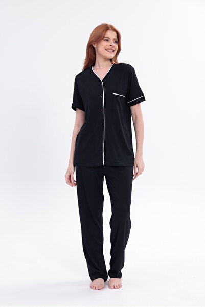 Yulem Homewear Women's Black Ribbed Front Buttoned Cotton Short Sleeve Pajama...