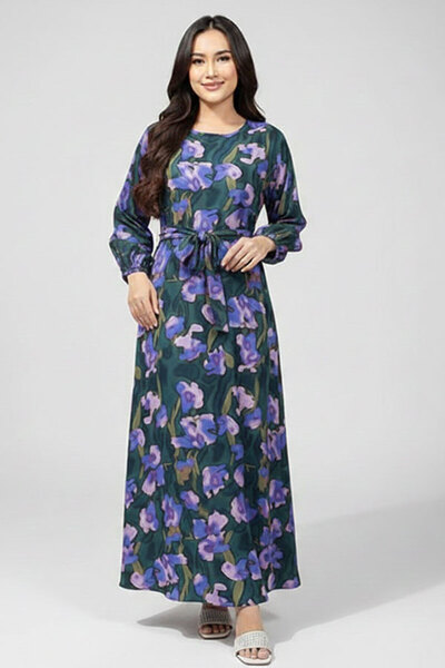 dorbe floral printed round neck puff style full sleeves string closure long m...