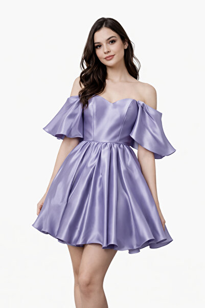 incitanesii Omuz Dekolteli Saten Mini Abiye Elbise Volan Kollu