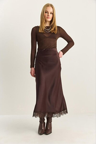 solena sln Fusta lungă din satin, în formă de A, cu detalii din dantelă maro,...