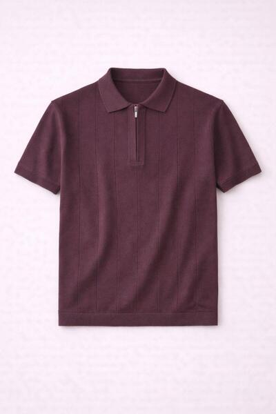 Valiberta Ritchie Zippered Polo Collar Vertical Striped Short Sleeve Slim Kni...