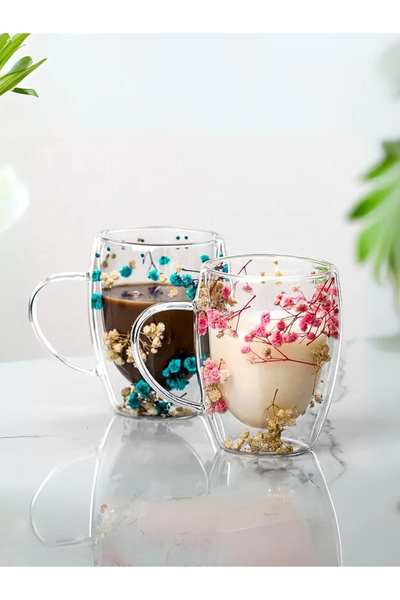1Chase طقم من قطعتين - كوب قهوة مزين بزهرة من زجاج البوروسيليكات مزدوج الجدار...