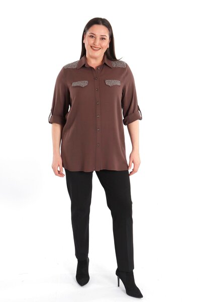 Metpoint Trend42Plus Plus Size Stone Printed Brown Woven Shirt