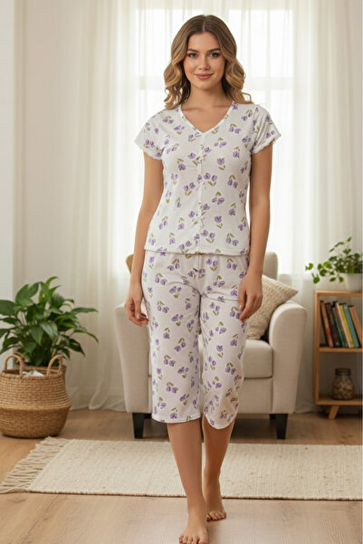 YusGos Women's Short Sleeve + Capri Patterned Bow Valentine's Day Cotton Paja...