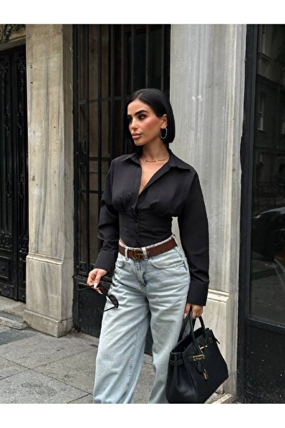 huhu Corset Detail Women's Crop Waist Low-Cut Shirt