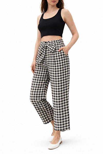 eva clothing Black and White Gingham Tie-Waist Trousers