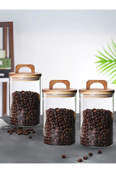 1Chase 3-Piece Borosilicate Glass Food Storage Jar With Acacia Wood Air Tight...