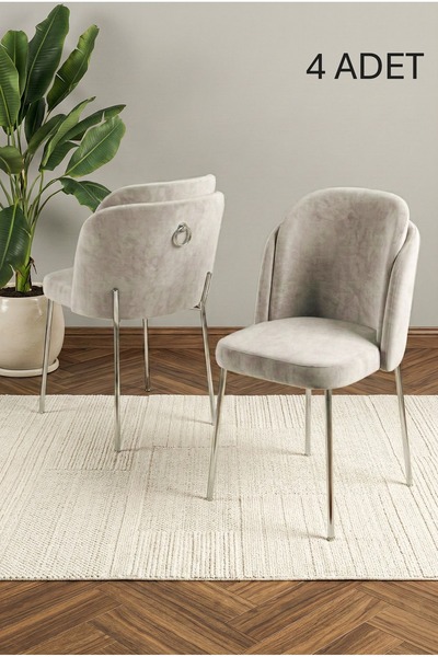DEREN HOME Rigella Gümüş 4Adet Mutfak Salon Yemek Odası Sandalyesi Silinebili...