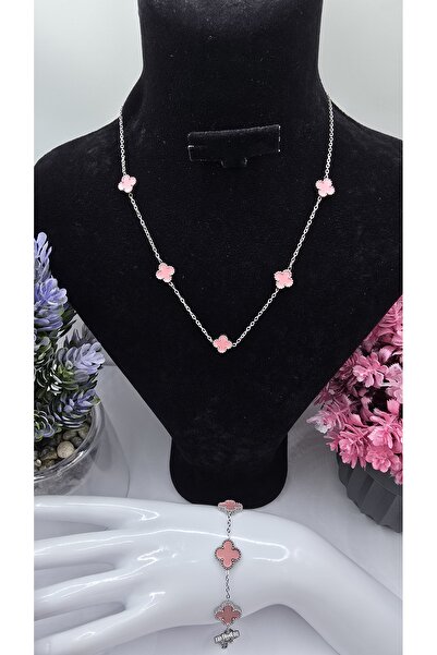 ahsenaksesuar2025 Pembe Yonca Van Cleef Çelik Set -Büyük Bileklik Küçük Kolye...