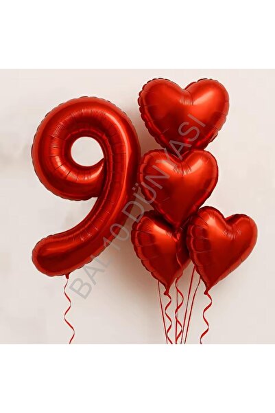 BEST PARTİ Kırmızı Rakam Kalp Folyo Balon Seti Yaş-9
