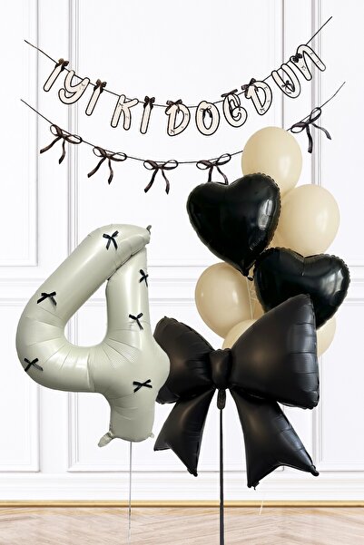 PEKSHOP مجموعة بالونات عيد الميلاد بتصميم فيونك الأسود لعمر 4 سنوات، مجموعة ب...