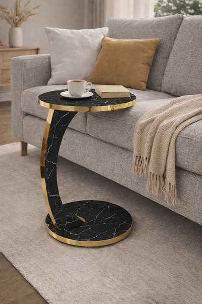 interGO PREO Premium Tekerlekli Yan Sehpa | Gold Dekoratif C Sehpa