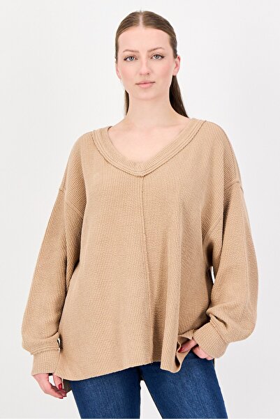 aerie Women V-Neck Knitted Sweater, Tan