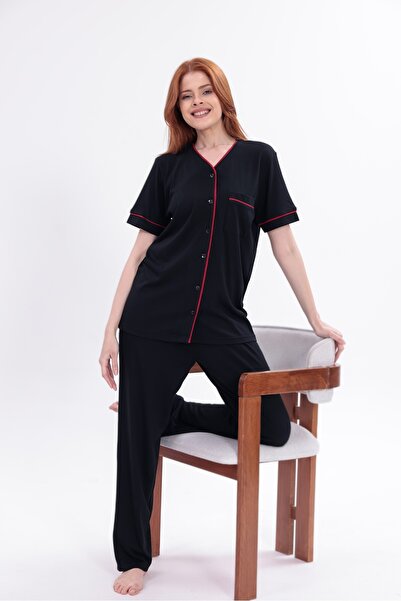 Yulem Homewear Women's Red Ribbed Front Buttoned Cotton Short Sleeve Pajama Set