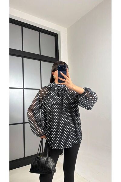 MAESTRO WOMAN Kadın Siyah Puantiyeli Yakası Bağlamalı Şifon Bluz