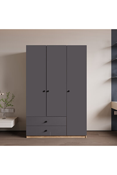 ALONEX HOME YALIN 3 Kapaklı Çekmeceli Full Antrasit Gardırop , Elbise Dolabı,...